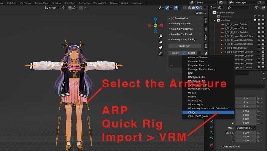 Vroid Menu from Quick Rig